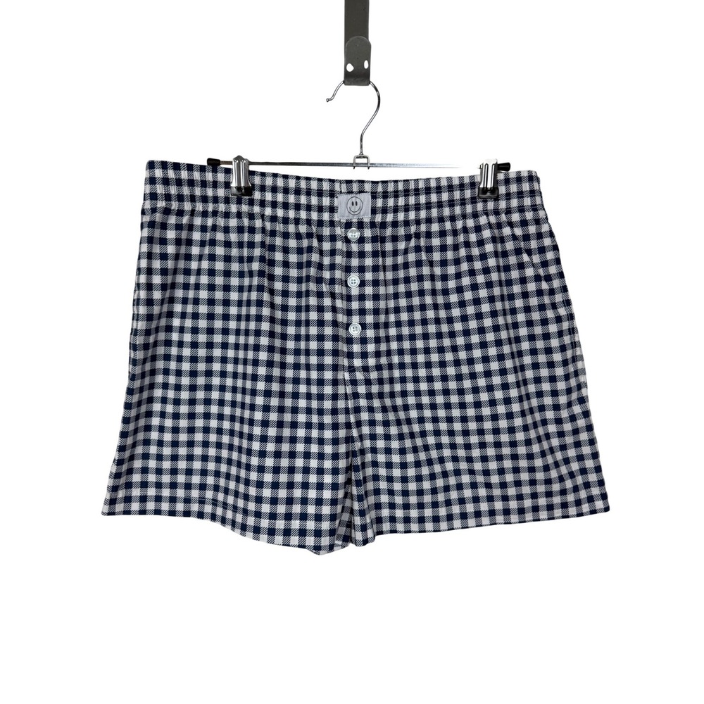 Happily Grey Gingham Boxer‎ Shorts Women L Navy Blue White Cotton Smiley Patch
